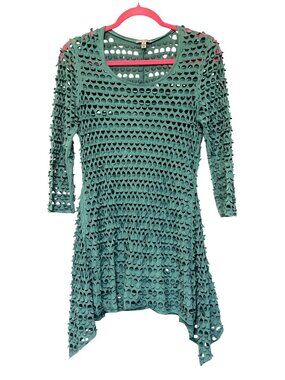 Linea Domani Teal Cutout Faux Suede Tunic Top Asymmetrical Hem Laser-Cut